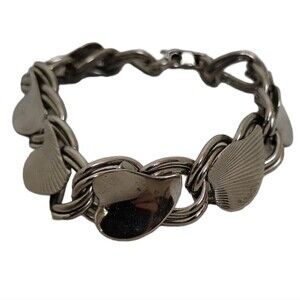 Vintage Silver Tone Ivy Leaf Double Curb Chain Bracelet; Vintage Chain Bracelet
